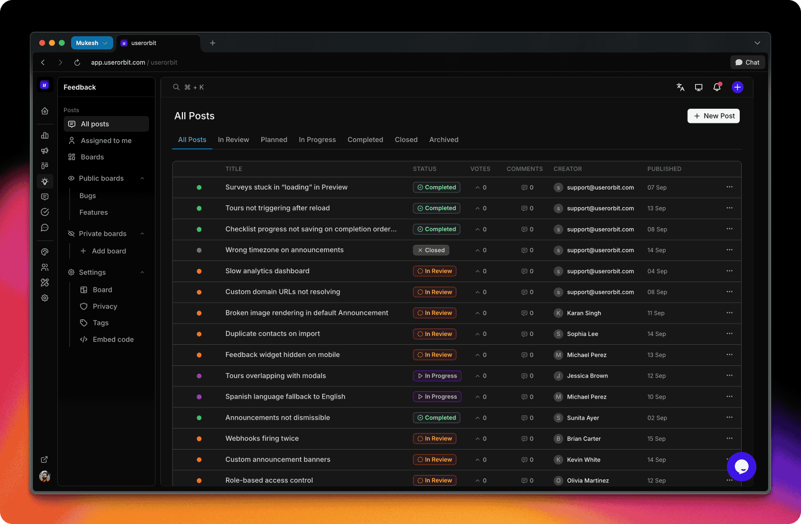 Product analytics dashboard in Userorbit showing user journey funnel and drop-off points