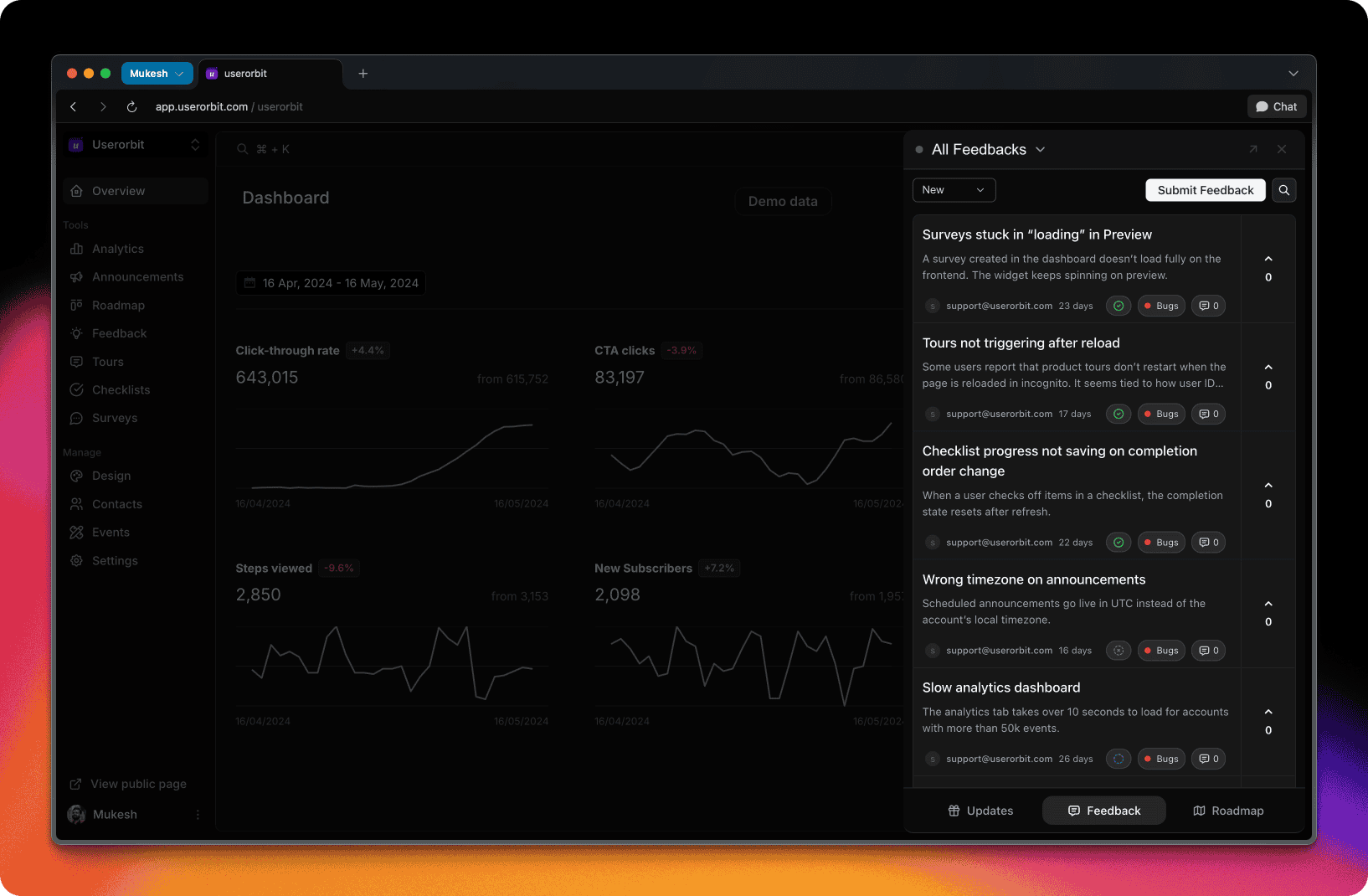 In-app survey builder in Userorbit with NPS and CSAT question options