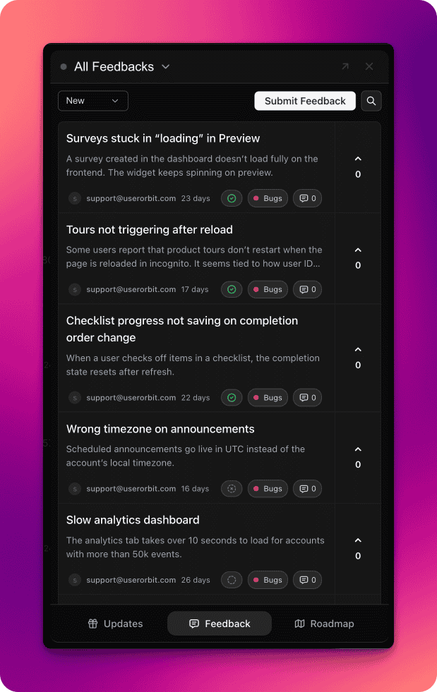 Userorbit public roadmap with user-voted features grouped by Now/Next/Later