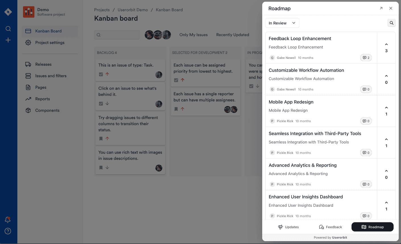Example of a public roadmap with upvoting mechanism