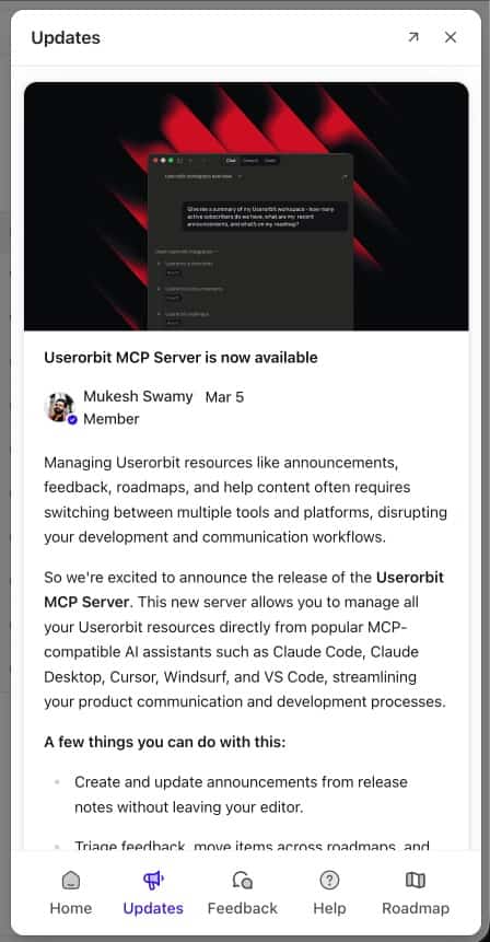 in-app announcement widget