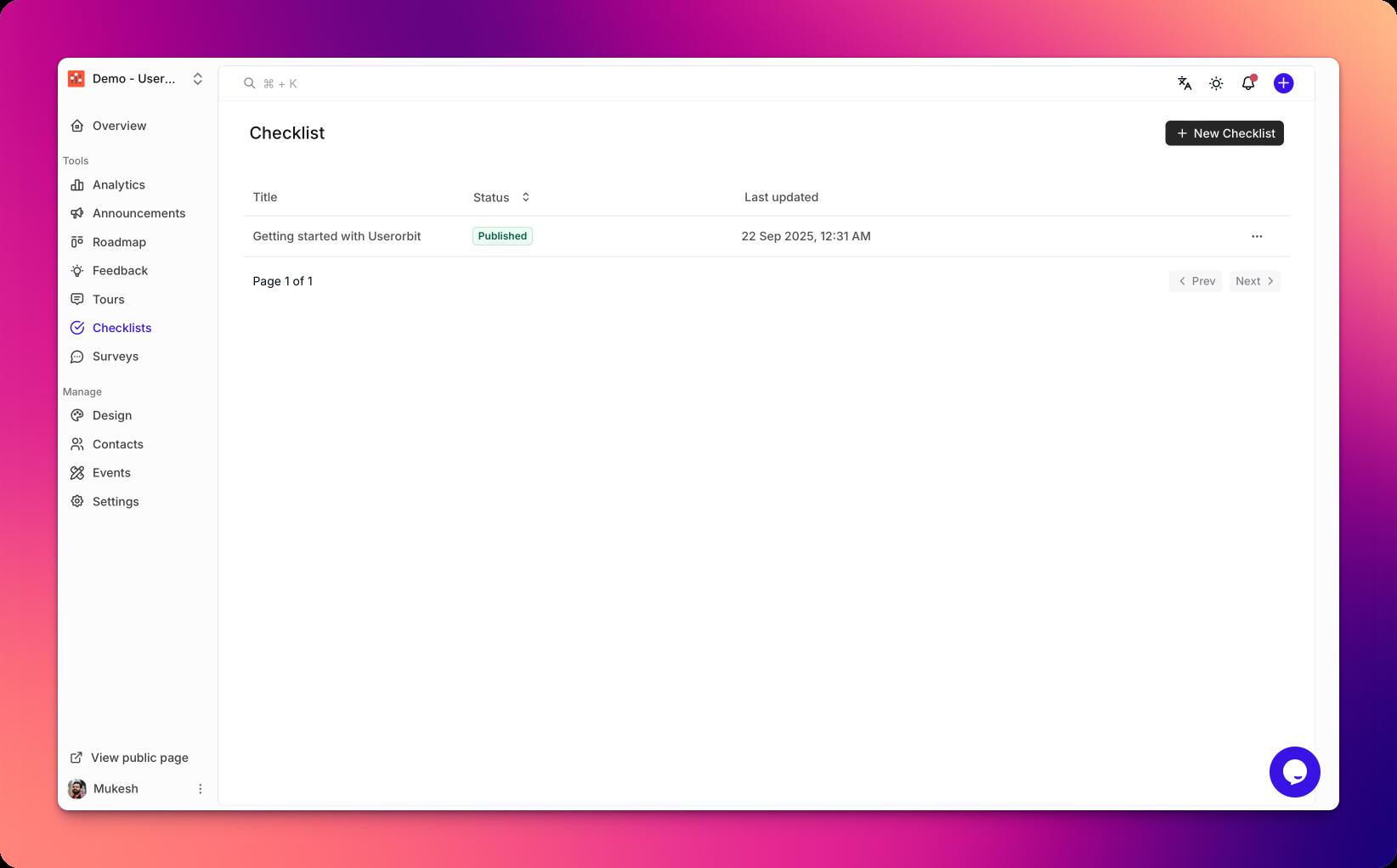 Checklists List Screen